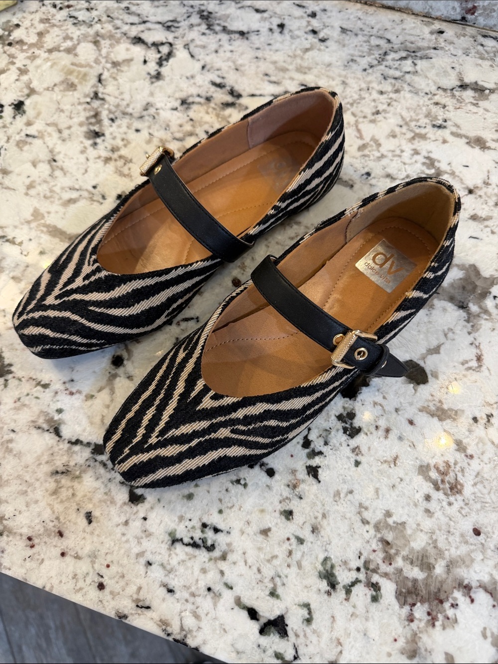 DV by Dolce Vita Black and Cream Zebra Mary Janes with Gold Buckle